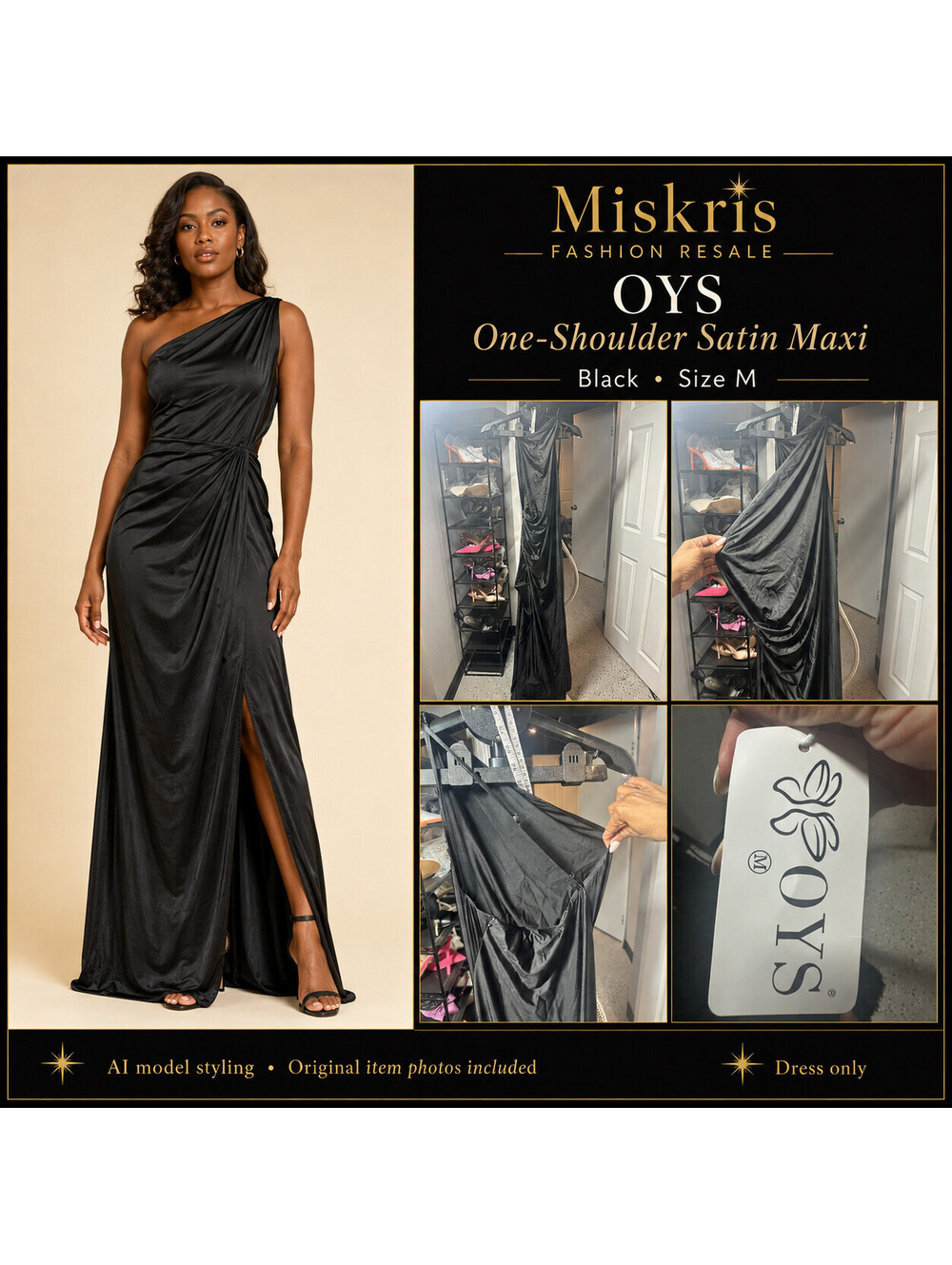 OYS Black Satin One Shoulder Maxi Dress Medium Ruched Slit Evening Formal Gown